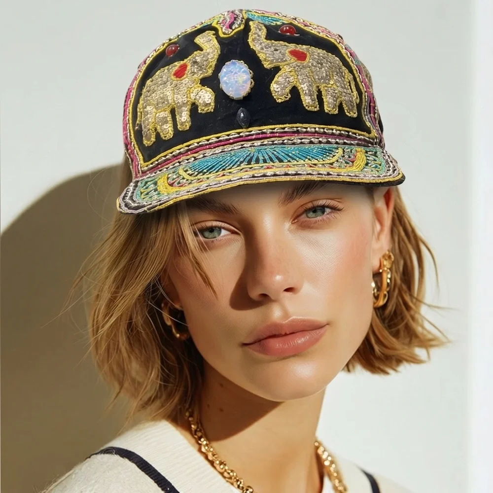🐘🔥 Vintage Hand-Embroidered Elephant Sequin‎ Hat — One of a Kind